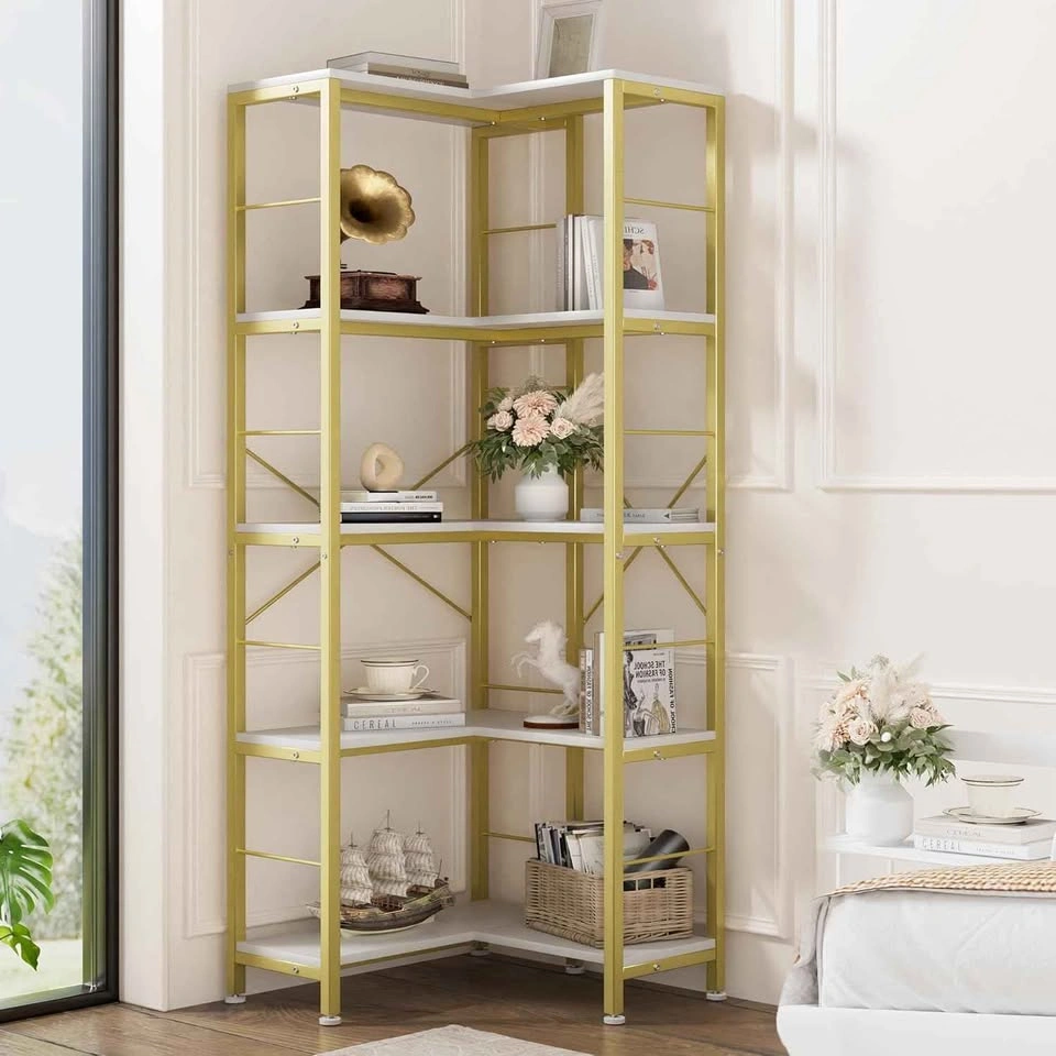 Gujiam 5-Tier Corner Bookshelf, 71" Tall, Gold, NEW IN BOX - photo 3