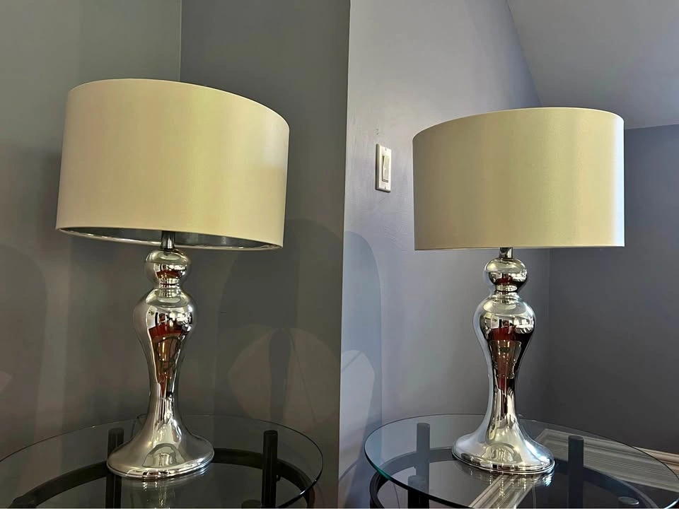 Pair of Chrome Table Lamps with Drum Shades