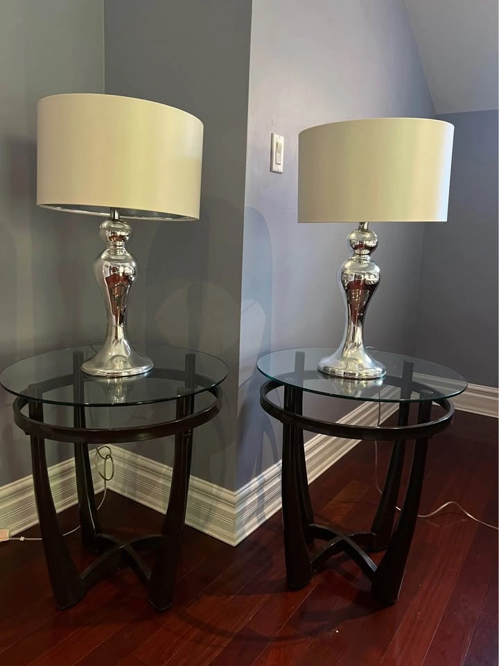 Pair of Chrome Table Lamps with Drum Shades - photo 4