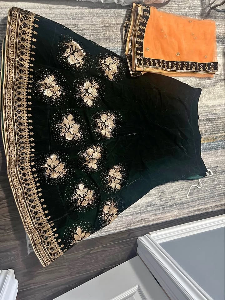 Bottle green Velvet Embroidered Lehenga Choli Set