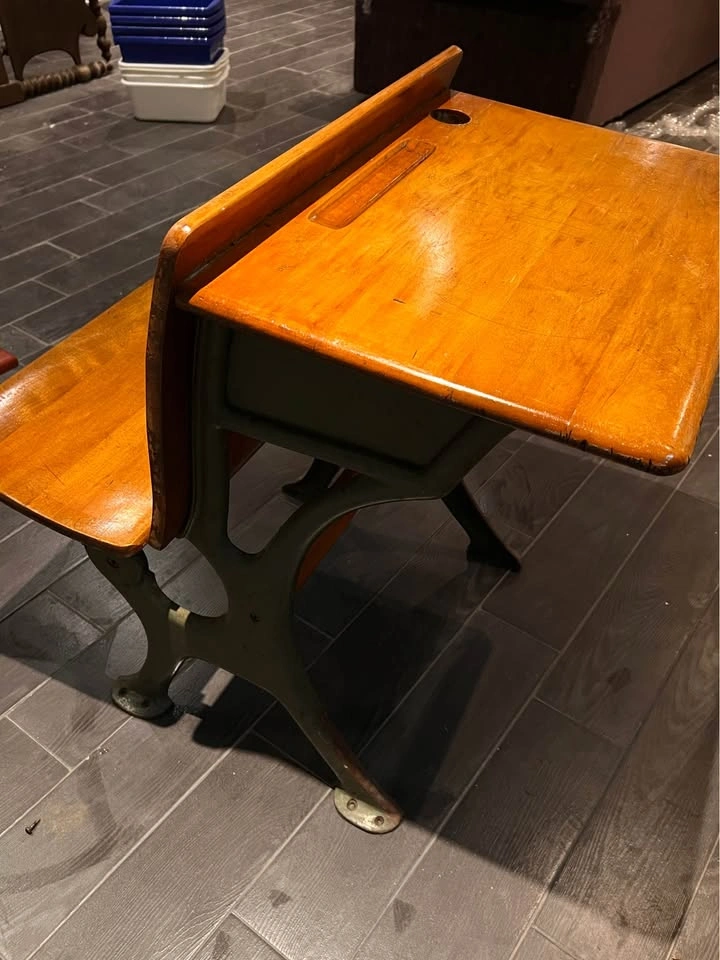 Antique Wood and Cast Iron School Desk - photo 3