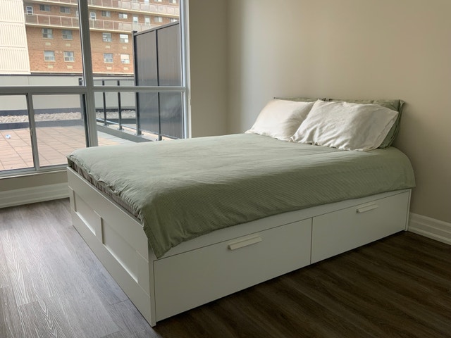 Queen Bedframe + Mattress + 4 Pillows. IKEA MALM