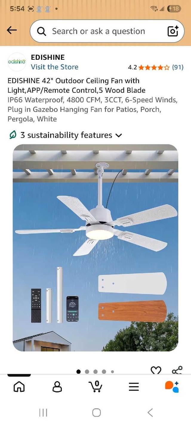 NEW in BOX EDISHINE 42 Inch Outdoor Ceiling Fan