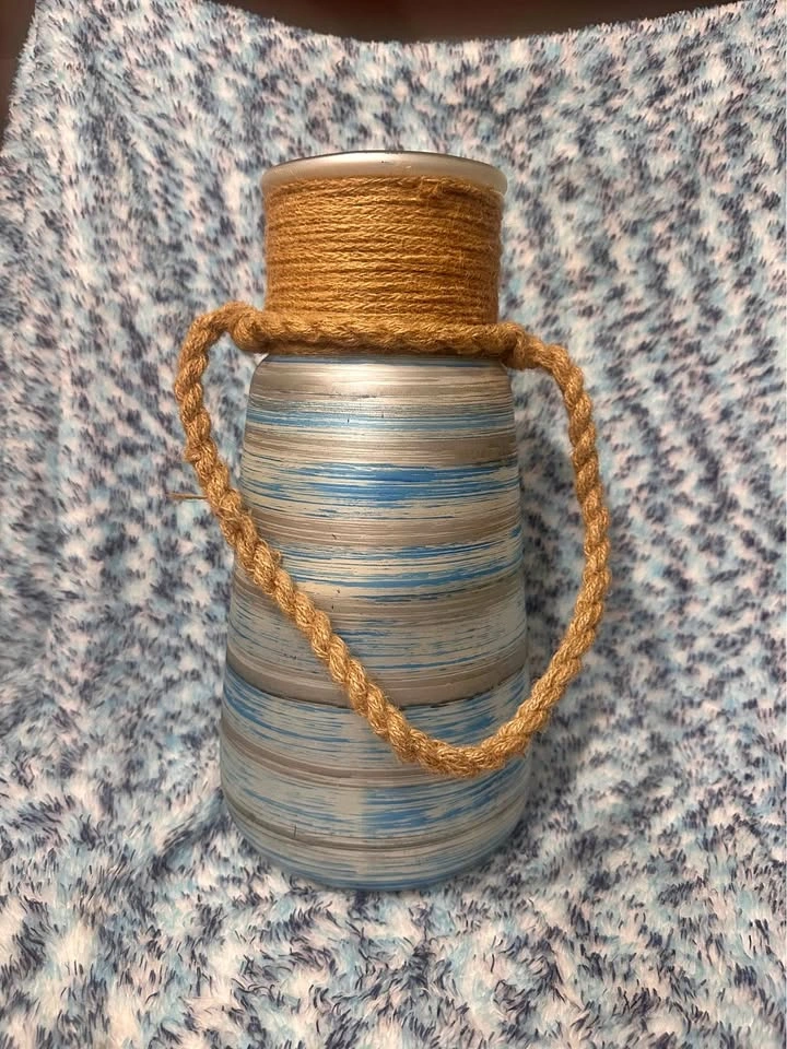 Nautical Blue and Silver Striped Glass Vase with Rope Handle