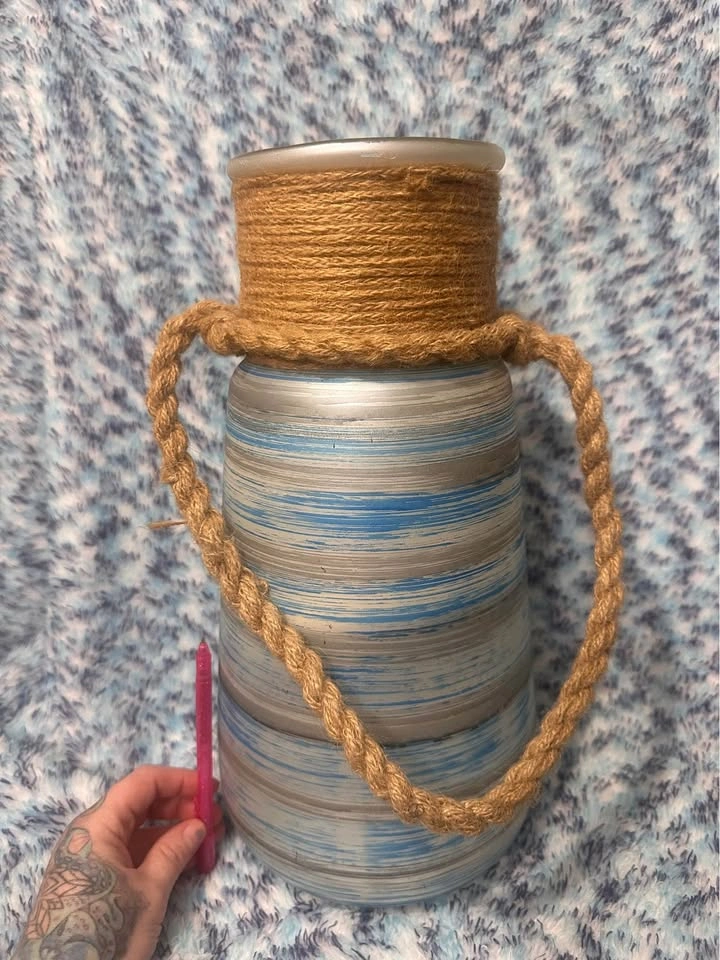Nautical Blue and Silver Striped Glass Vase with Rope Handle - photo 2