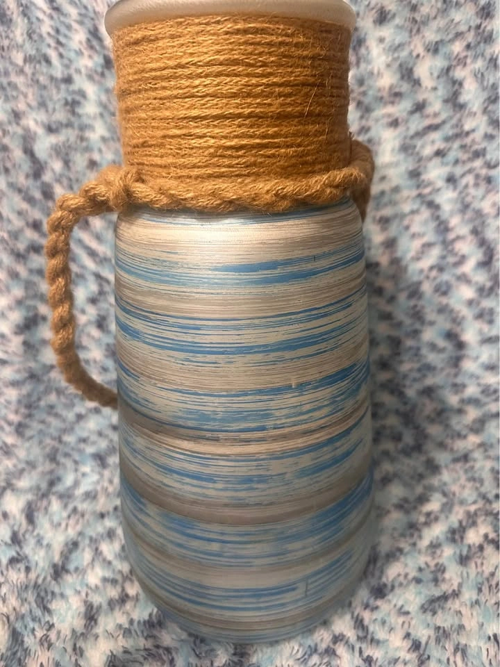 Nautical Blue and Silver Striped Glass Vase with Rope Handle - photo 3