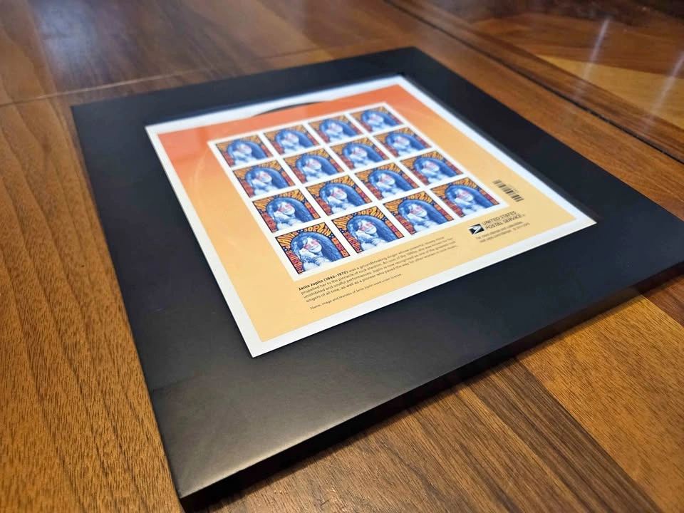 Framed Janis Joplin USA Block of Stamps in Mint Condition