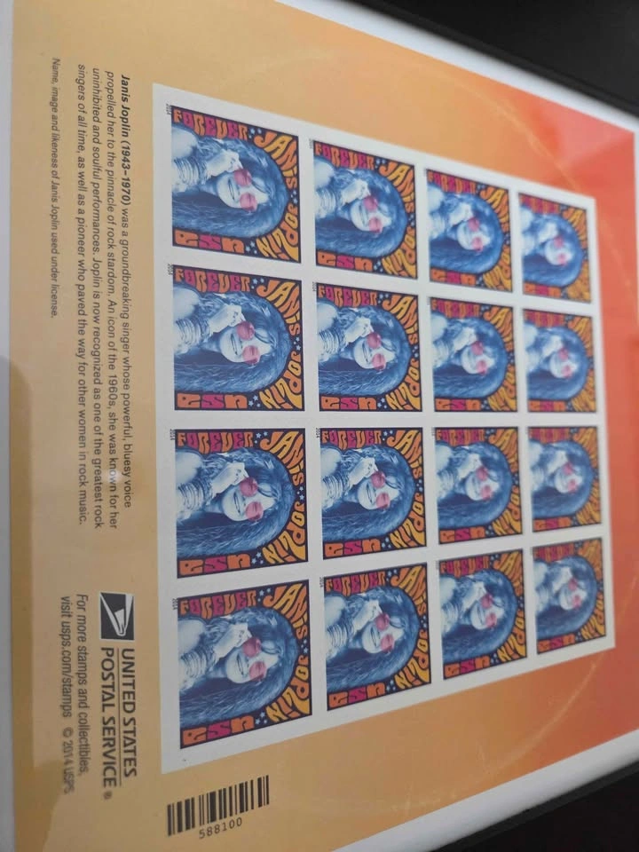 Framed Janis Joplin USA Block of Stamps in Mint Condition - photo 4