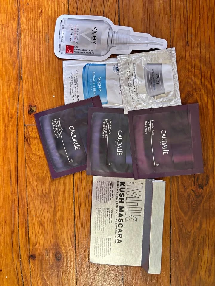 Assorted skin care samples and Milk mascara