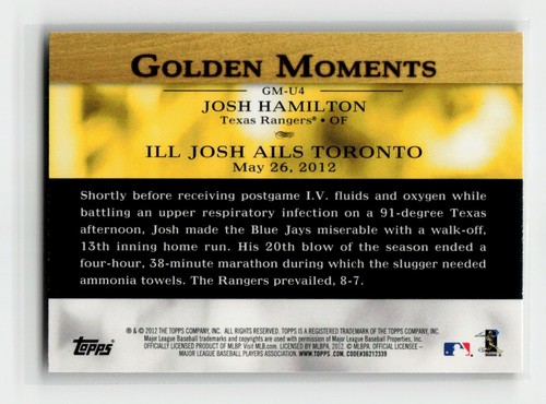 2012 Topps Update Golden Moments Josh Hamilton Auto Texas Ranger - photo 2