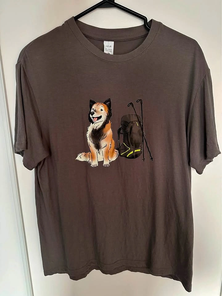 Grey Hiking Dog Graphic T-Shirt - Size Medium
