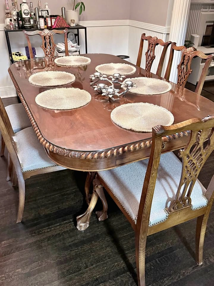 Solid Wood Dining Table Set with 6 Chairs & Glass Top