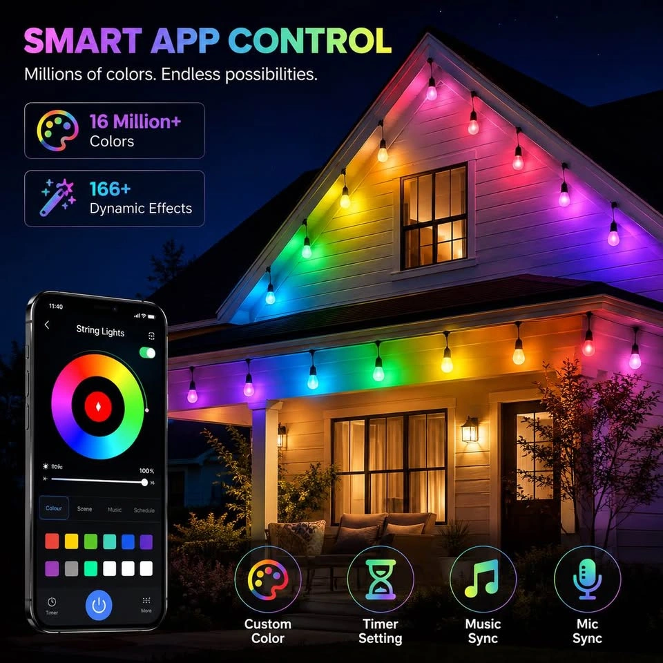 Smart RGB Outdoor String Lights – App & Remote Control - photo 3