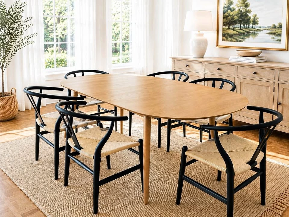 Hoft Werner Extendable Dining Table With 6 MCM Wishbone Chairs
