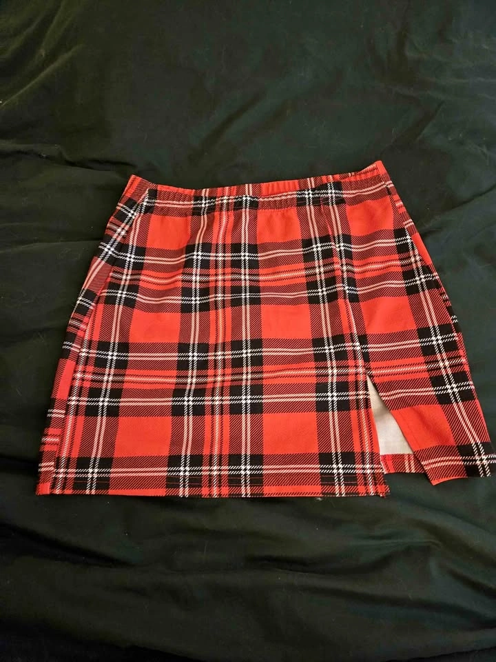Red Plaid Mini Skirt with Side Slit