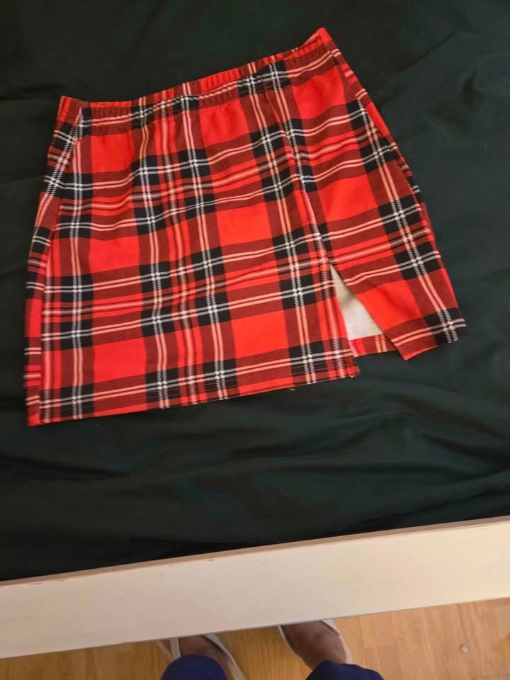 Red Plaid Mini Skirt with Side Slit - photo 2