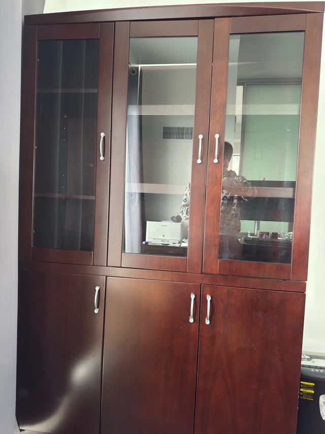 solid wood book shelf with glass windows