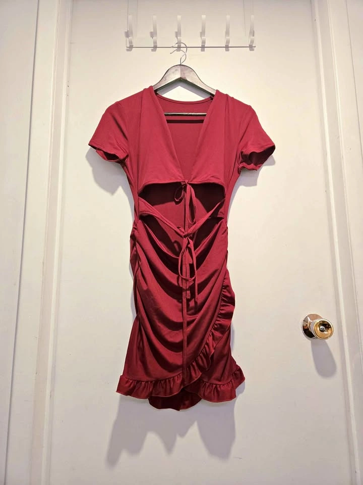 SHEIN Red Cutout Ruched Mini Dress - Size Medium