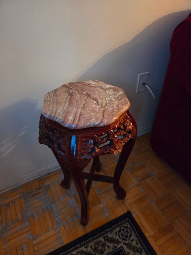 Carved Rosewood Marble-Top Plant Stand / Side Table
