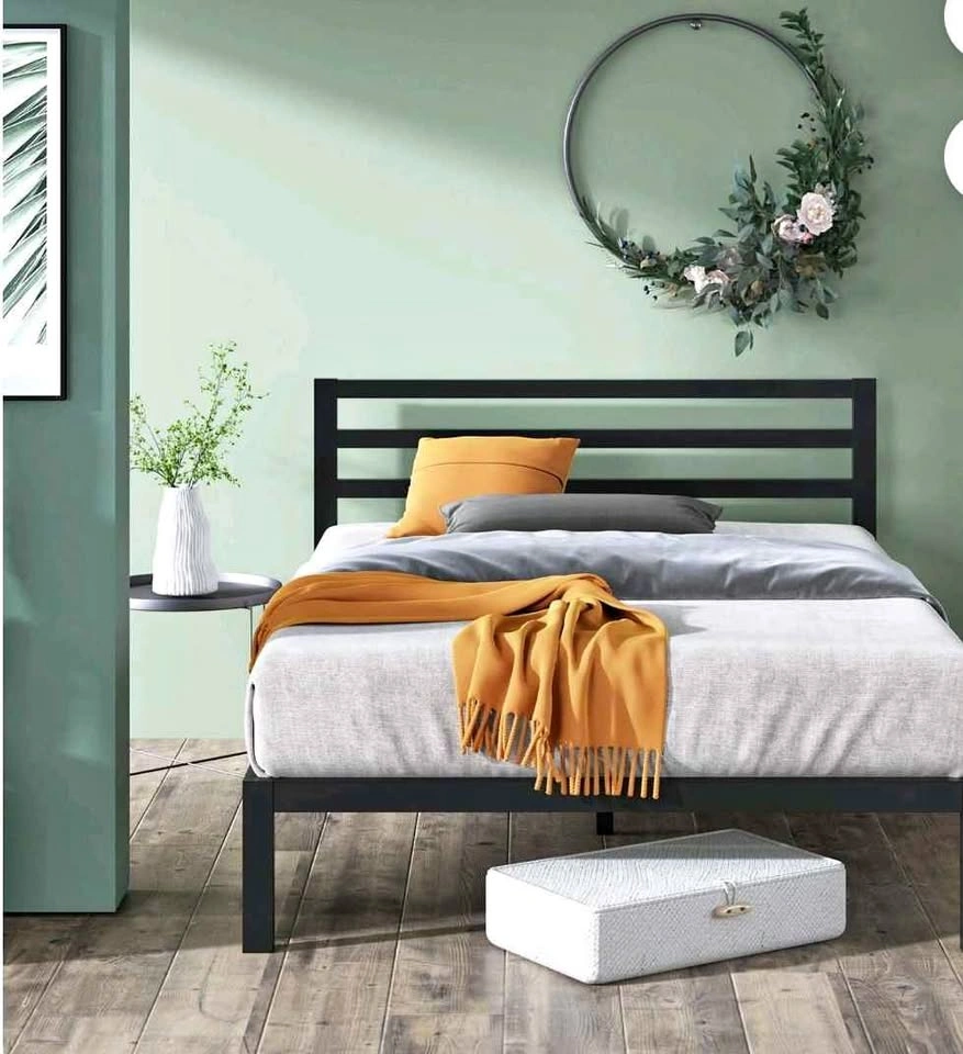 Black Metal Twin Bed Frame with Slatted Headboard