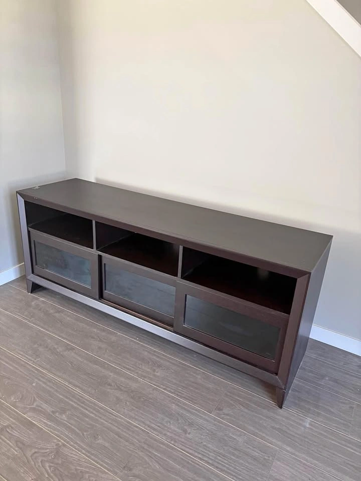 Dark Brown Wood TV Stand with Glass Doors