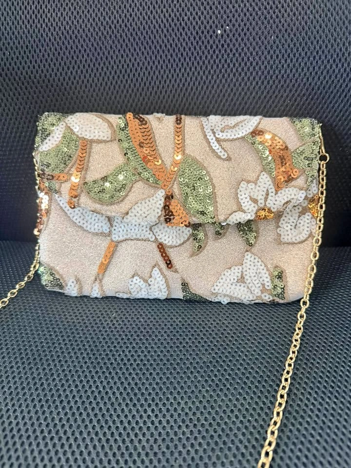 Floral Sequin Clutch with Gold Chain Strap