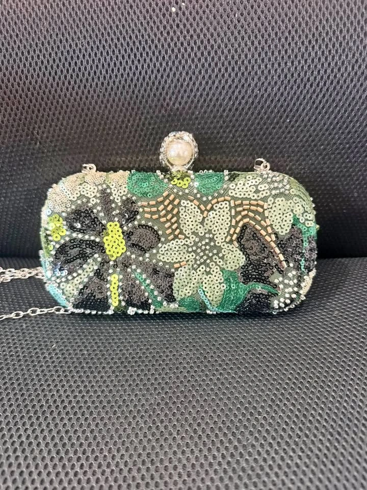 Green Floral Sequined Evening Clutch Bag