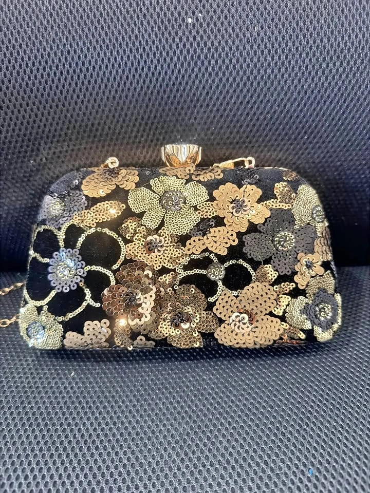 Black Floral Sequin Evening Clutch with Gold Chain