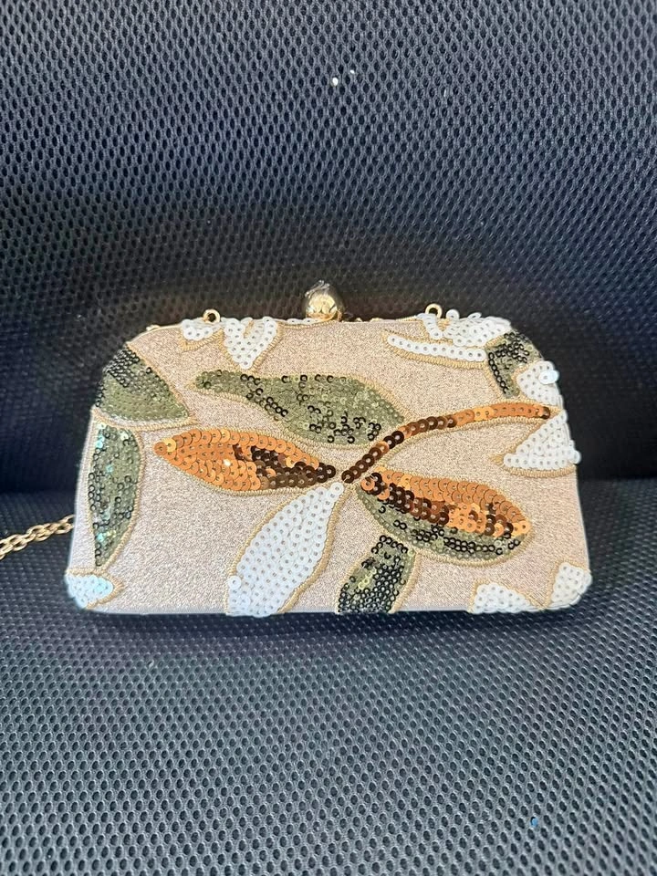 Golden Floral Sequined Evening Clutch Bag