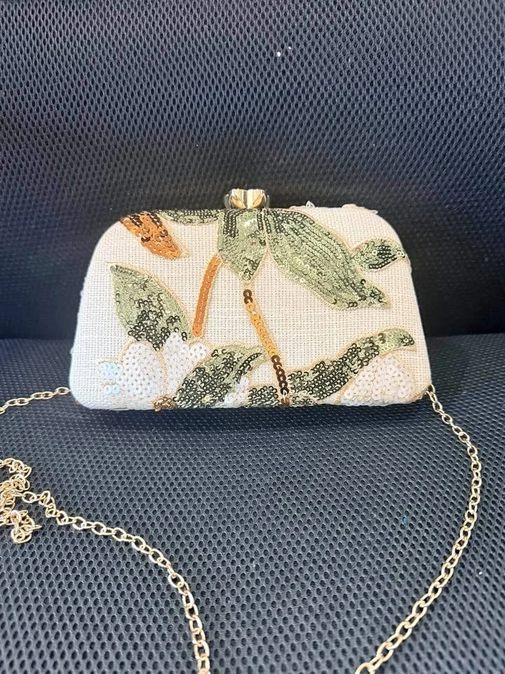 Sequined Floral Clutch Bag with Gold Chain