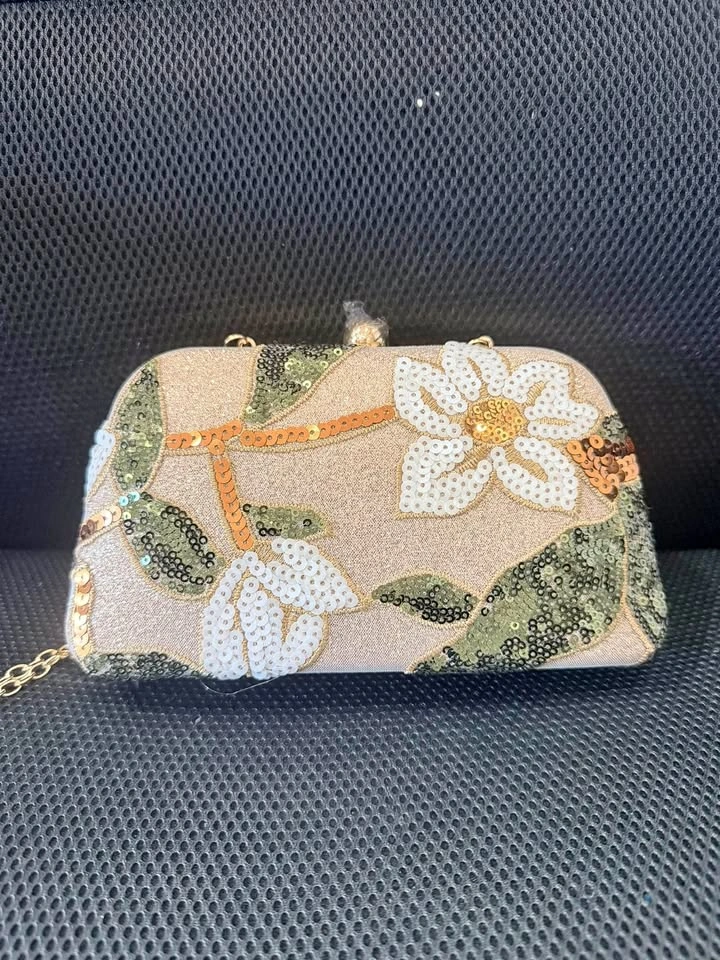 Golden Floral Sequin Embroidered Evening Clutch Bag