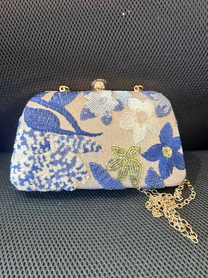 Blue Floral Embroidered Clutch with Gold Chain Strap