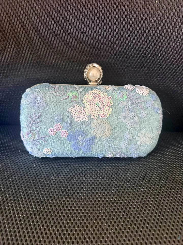 Light Blue Floral Sequin Evening Clutch Bag