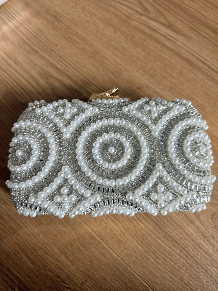 Pearl and Crystal Embellished Evening Clutch Purse