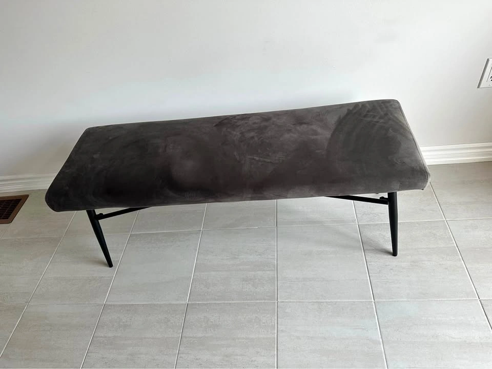 Modern Grey Upholstered Bench with Black Metal Legs