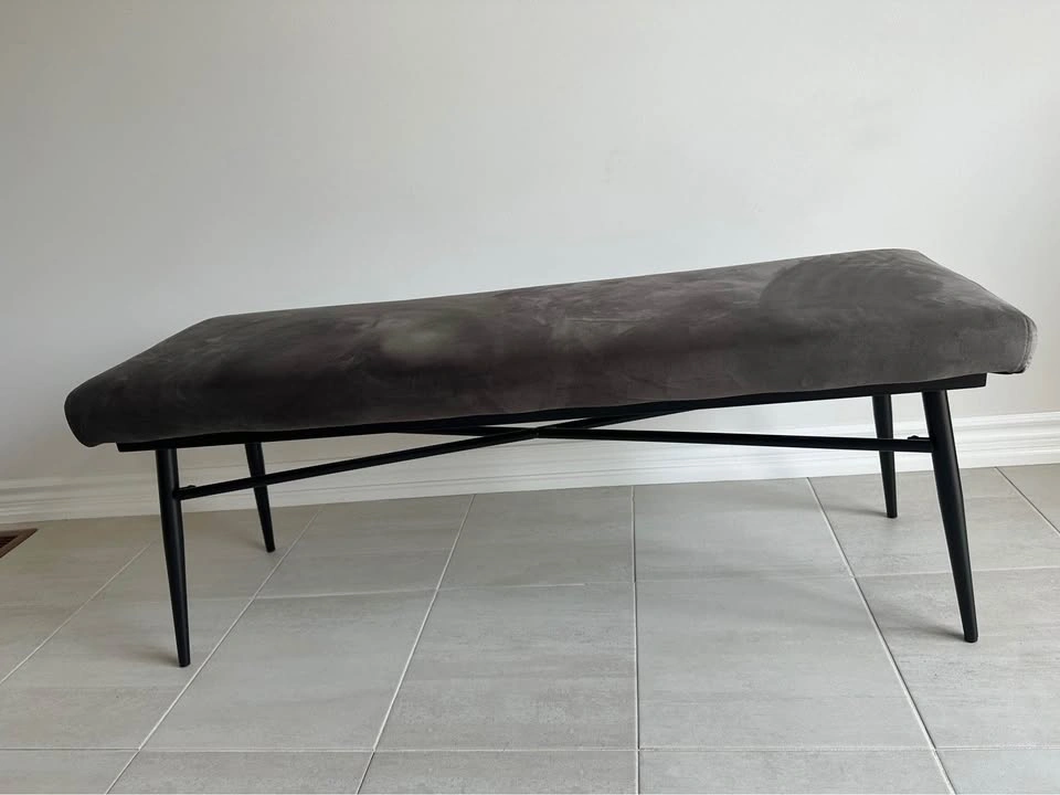 Modern Grey Upholstered Bench with Black Metal Legs - photo 2