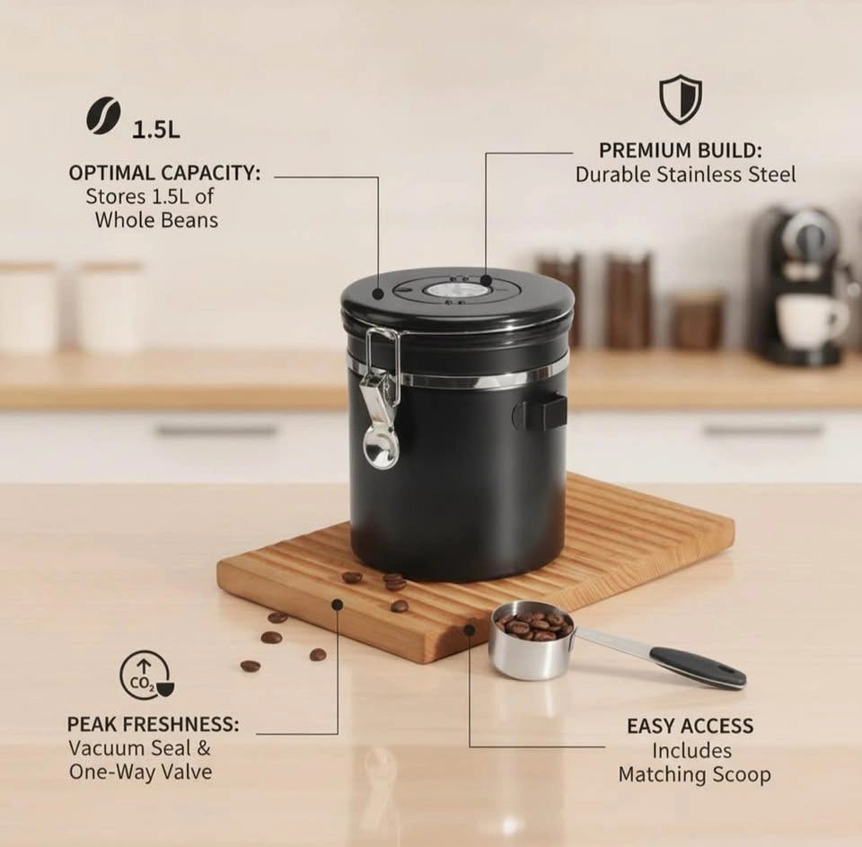 1.5L Stainless Steel Airtight Coffee Canister with Scoop - photo 4