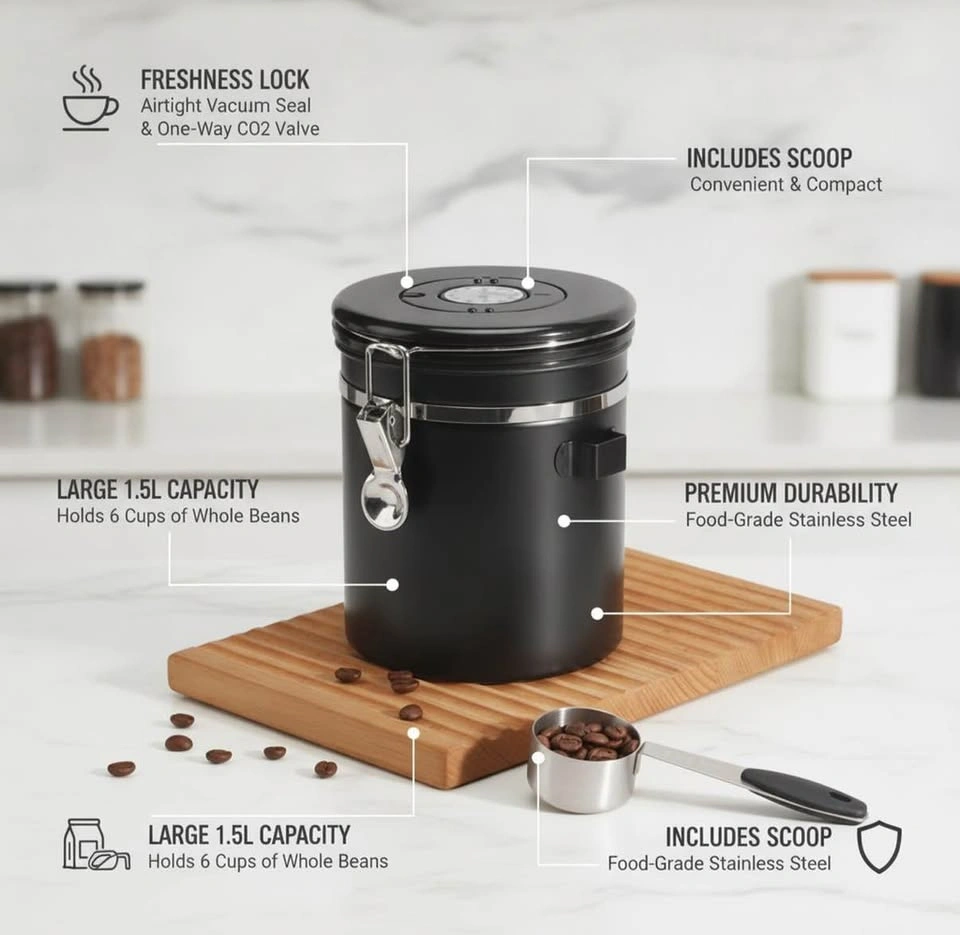 1.5L Stainless Steel Airtight Coffee Canister with Scoop - photo 5