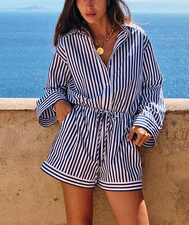 Sézane Laryssa Jumpsuit, ecru with blue stripes, XS - FR 34