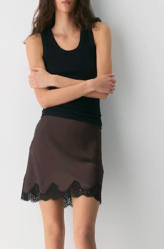 Wilfred Henrietta satin skirt, mocha/black lace, XXS, NWT
