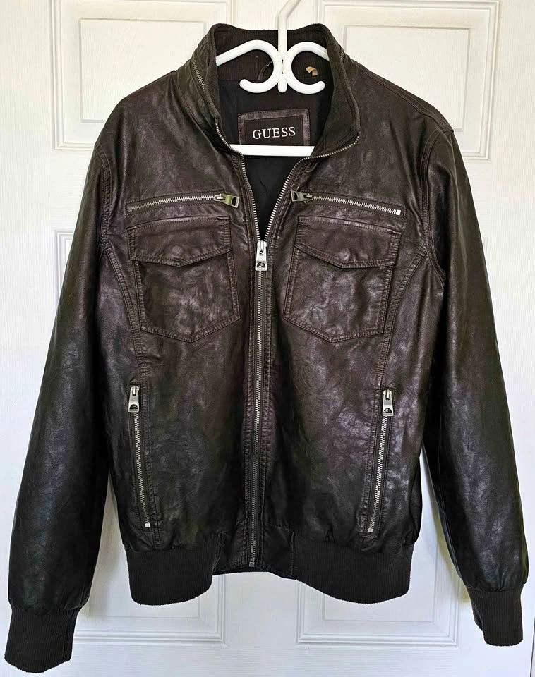 GUESS Men's Faux Leather Bomber Jacket - Size Medium