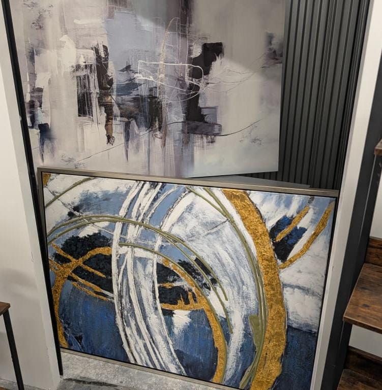 2 Large Abstract Canvas Wall Art – Blue, Gold & Neutral