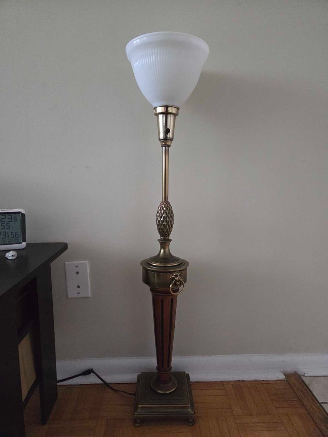 Vintage Torchiere Floor Lamp – Brass with Lion Head Handles - photo 2