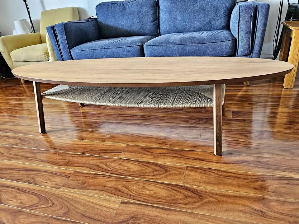 Mid-Century Modern Oval Wood Coffee Table with Woven Shelf
