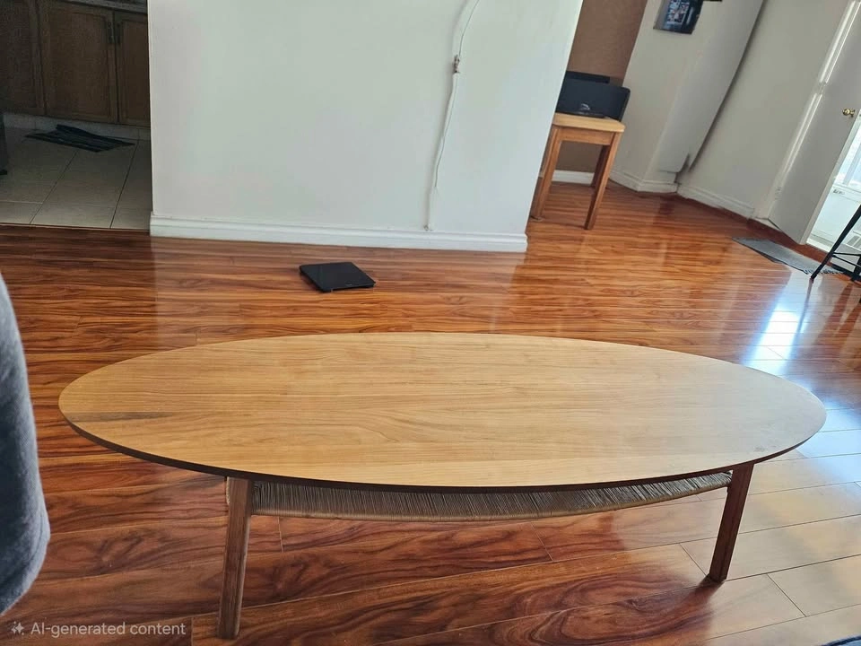 Mid-Century Modern Oval Wood Coffee Table with Woven Shelf - photo 3