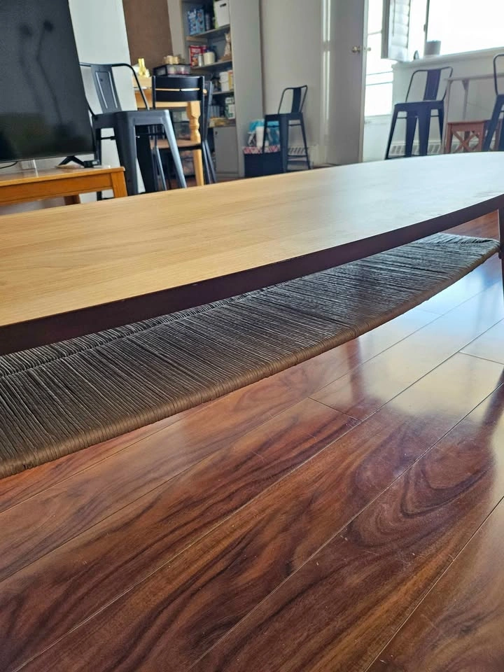 Mid-Century Modern Oval Wood Coffee Table with Woven Shelf - photo 4