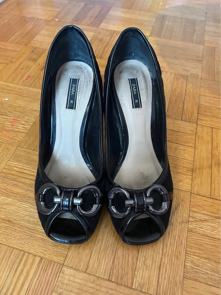 Vintage Zara Black Suede Red Heeled Peep Toe Shoes