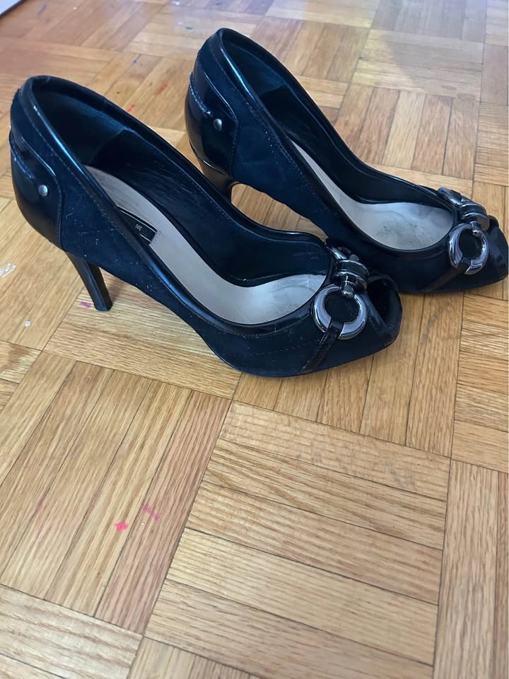 Vintage Zara Black Suede Red Heeled Peep Toe Shoes - photo 2