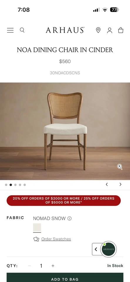 Set of 4 Noa dining chairs from Arhaus, solid oak frame, rattan - photo 5
