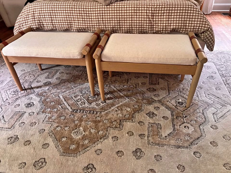 Two Light Wood and Linen Benches - Magnolia Heart and Hand